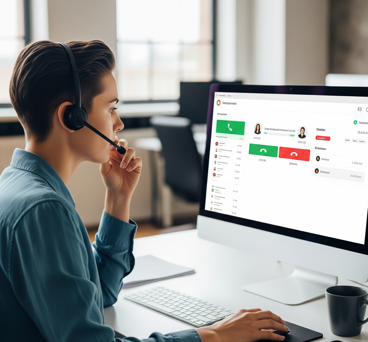 Business professional using VoIP phone system for efficient communication 