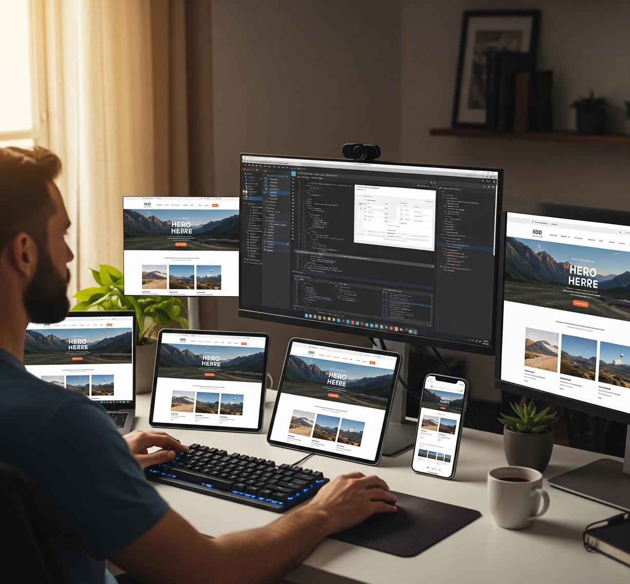 Web development process showing responsive design across multiple devices 