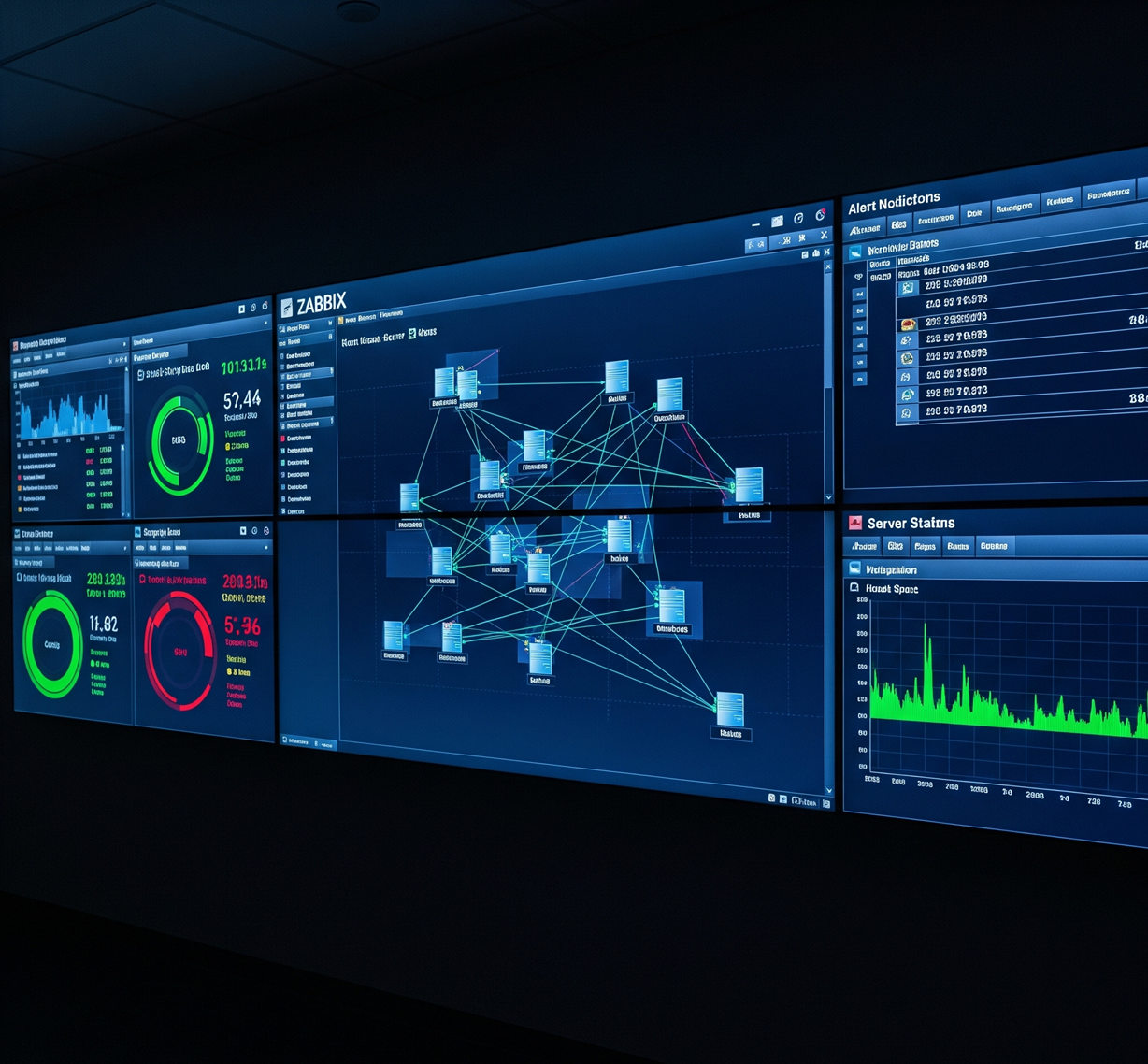 Zabbix monitoring dashboard displaying real-time network infrastructure health and performance metrics