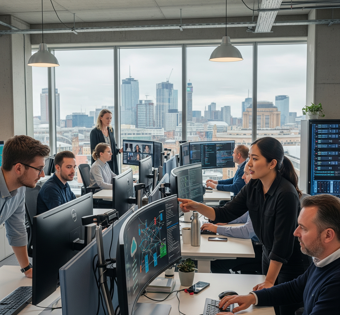 IT support professionals monitoring network infrastructure for small business clients 